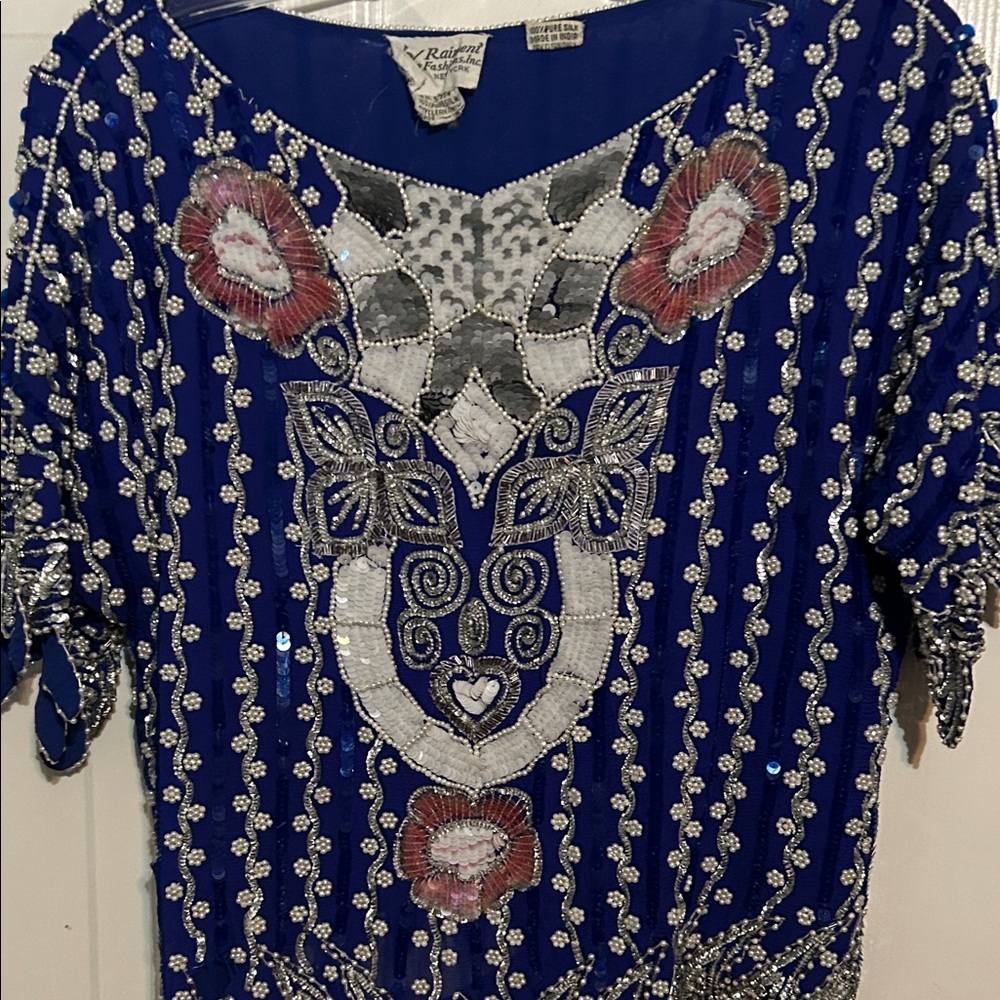 Adia Royal Blue Beaded‎ Embellished Women's Blouse 100% Silk